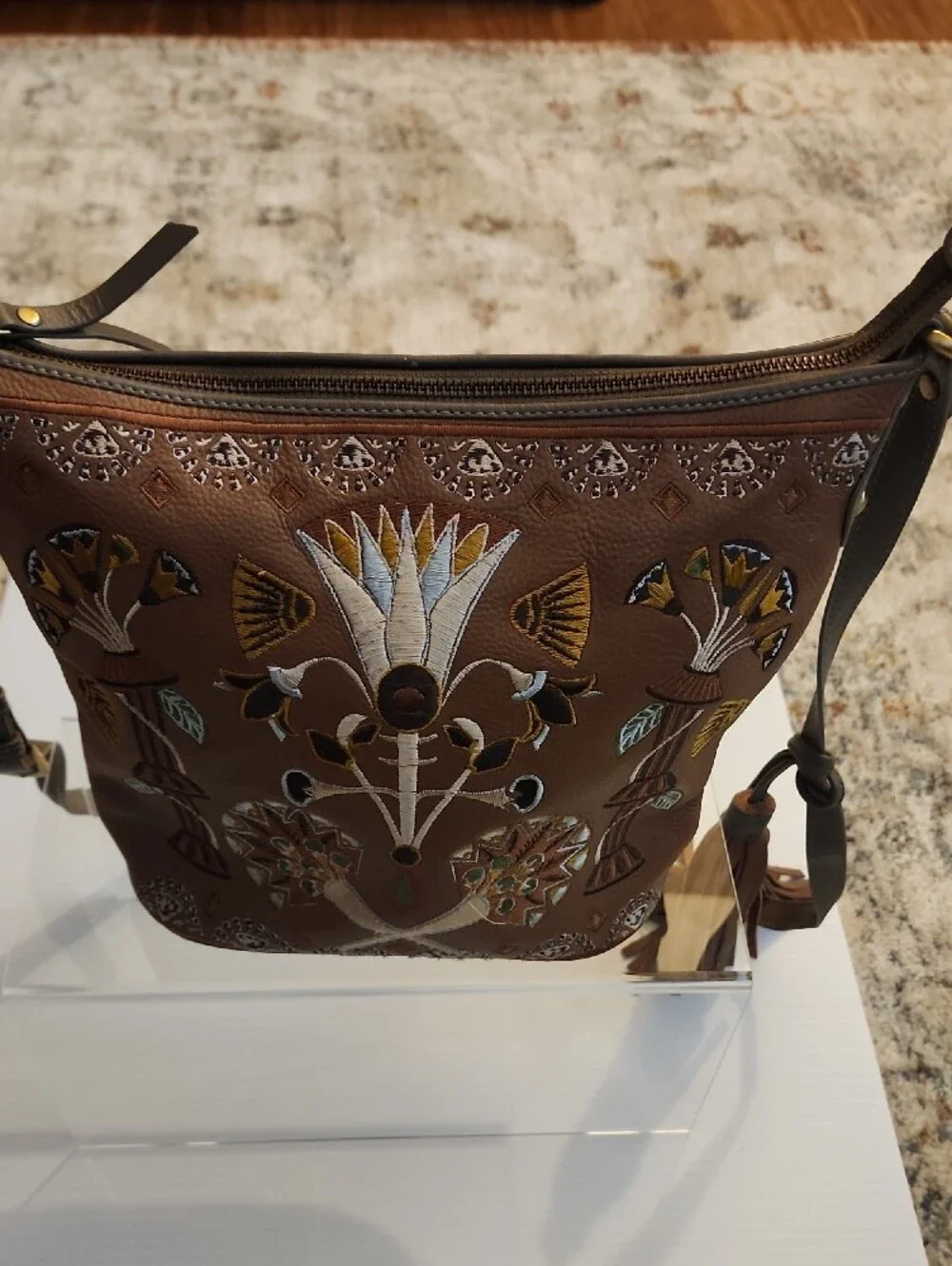 Sharif 1827 Egyptian Lotus Hobo/Crossbody Leather Bag. Embroidered Leather. 9×11